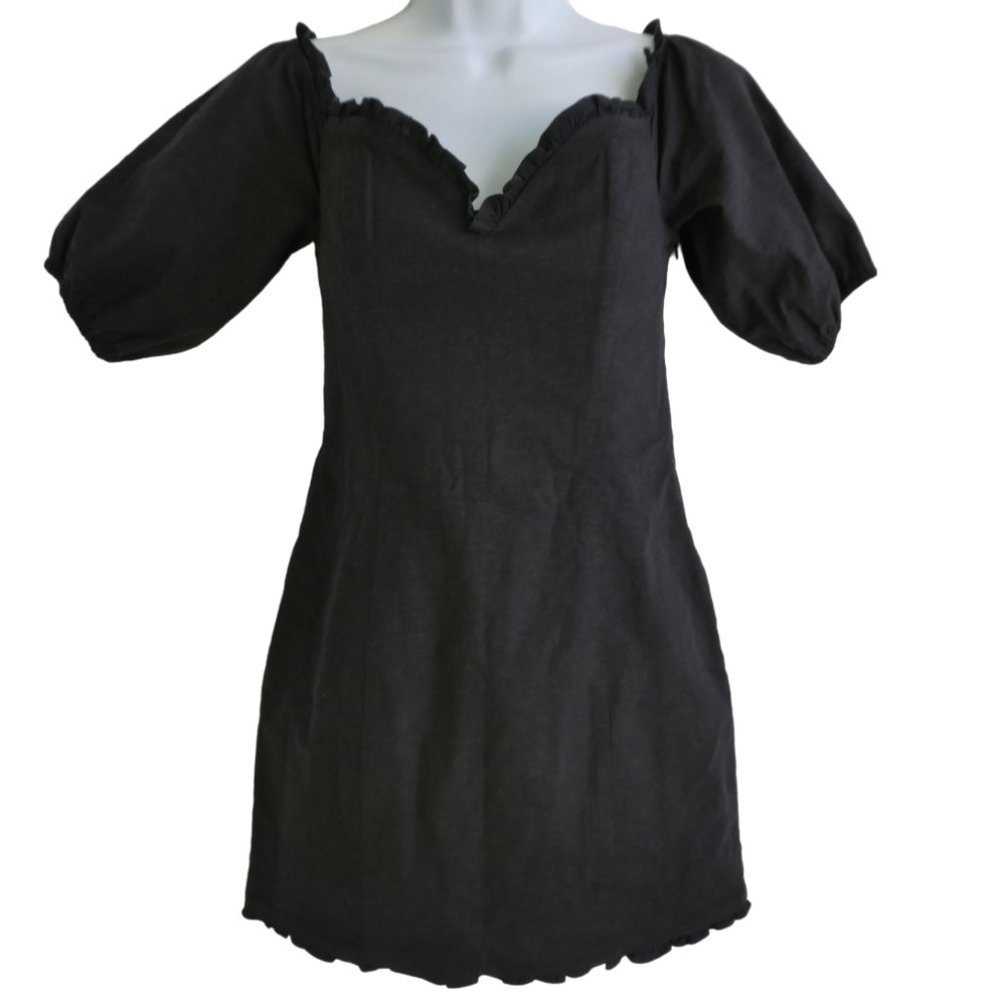 LiNeN Lovers+Friends Black Linen Blend Mini Dress Boning Ruffled Sweetheart Hem